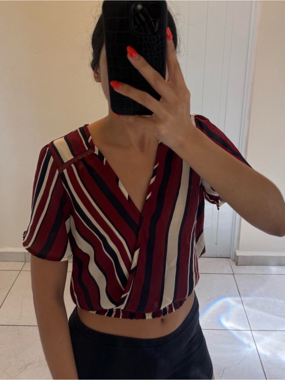 Sienna Sky Striped V-Neck Cropped Top in Burgundy, Navy and Cream